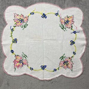 Embroidered Linen Table Topper Vintage White Pink Trim Flowers Centerpiece *Note